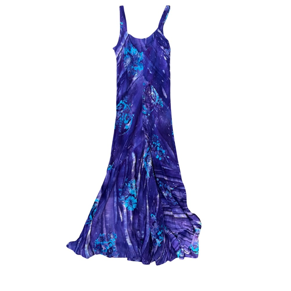 Tropical Tantrum Whimsical Maxi Dress Small Purple Batik Rayon Boho Celestial